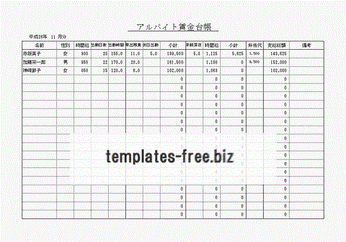 無料でダウンロードできるアルバイト賃金台帳