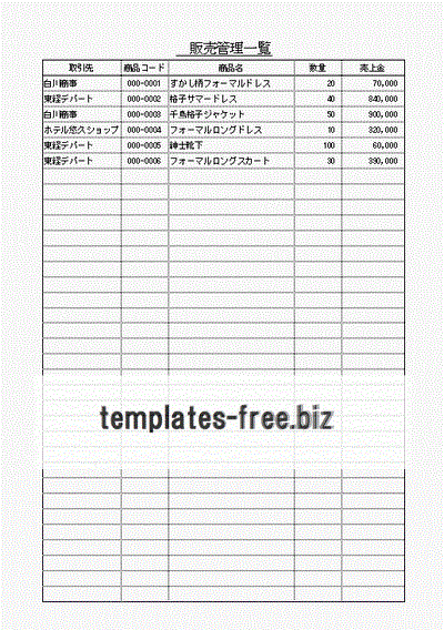 商品別・取引先別売上一覧表のフォーマット