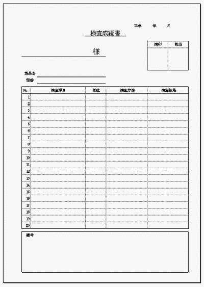 検査成績書のフォーマット