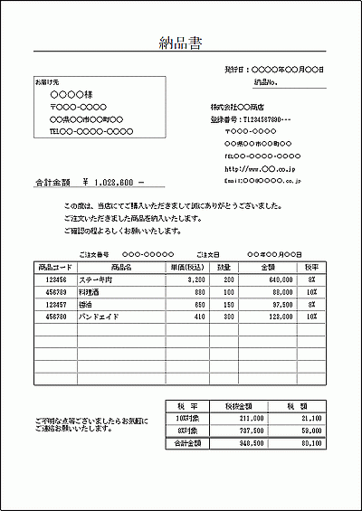 Excel 納品書のテンプレート