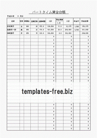 パートタイム賃金台帳のフォーマット