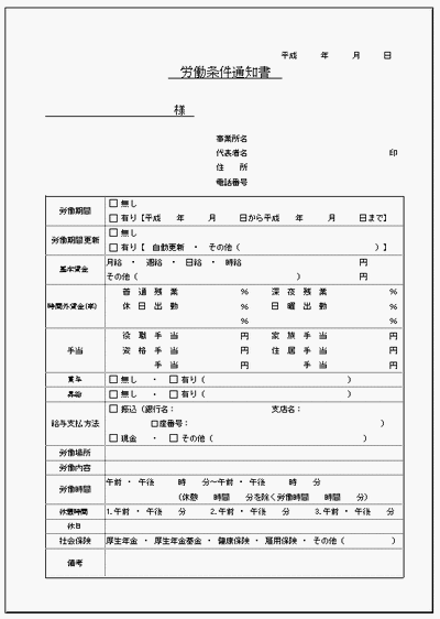 労働条件通知書 フォーマットが異なるサンプルを2種類掲載 労働期間 労働場所内容 労働時間 賃金 各種保険など 無料でダウンロードできる フォーマット テンプレート 雛形