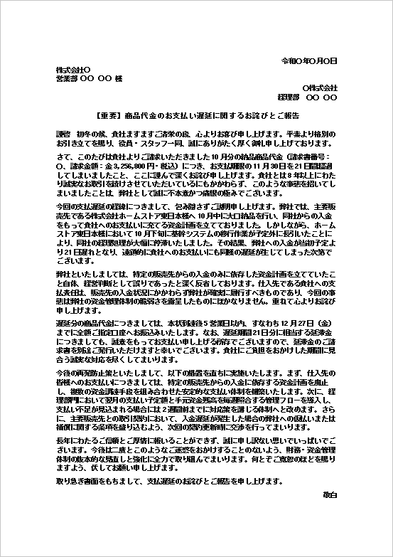 商品代金の支払い遅延について謝罪し、支払予定日や延滞金対応を報告するお詫び状テンプレート
