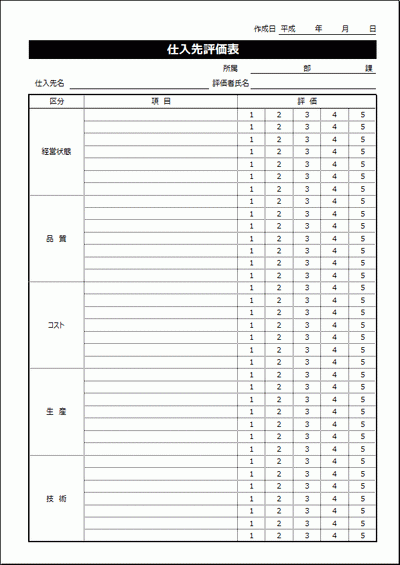 仕入先評価表のフォーマット