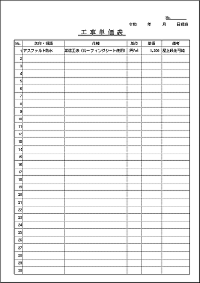 Excelで作成した単価表