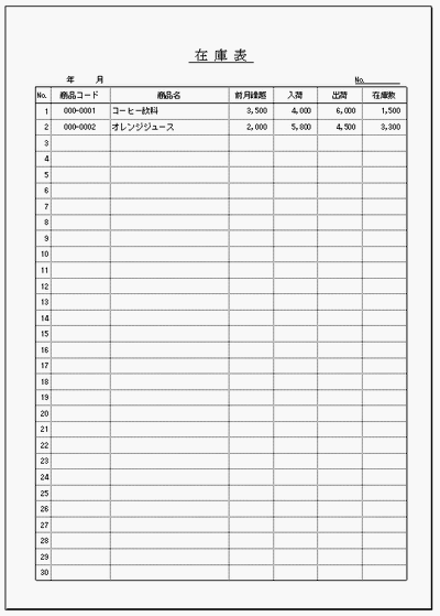 在庫表のフォーマット