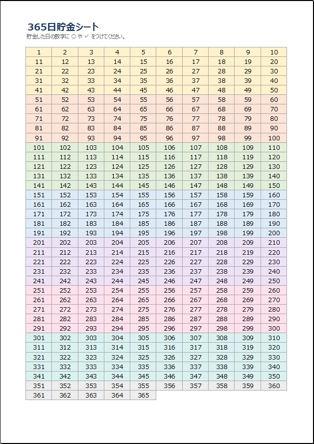 365日貯金シートのExcelフォーマット。1から365までの番号を四角いマス目に並べ、10日単位でパステルカラーに色分けした一覧表