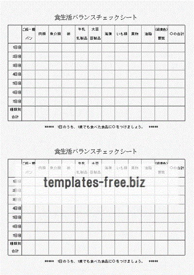 食生活バランスチェックシートのテンプレート