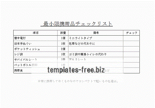 最小限携帯品チェックリストのフォーマット