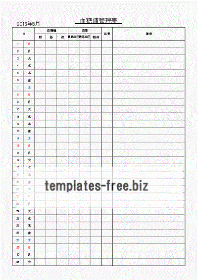 血糖値管理表のフォーマット