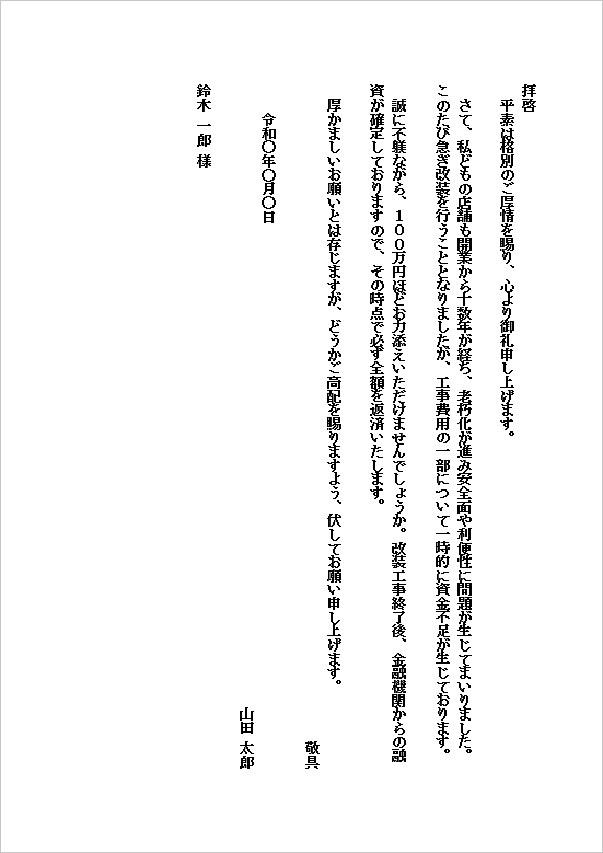 B5縦　店舗改装工事費の一時借入が理由の借金のお願いテンプレート