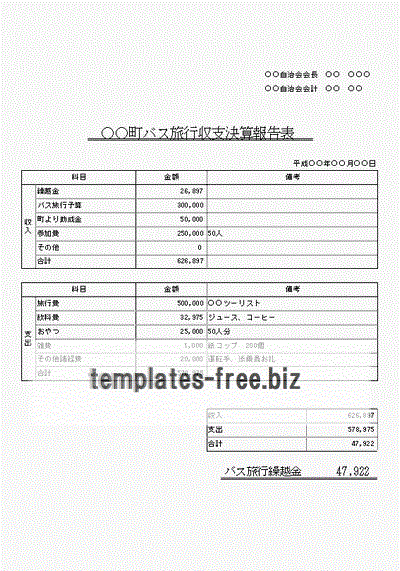 バス旅行収支決算報告表のフォーマット